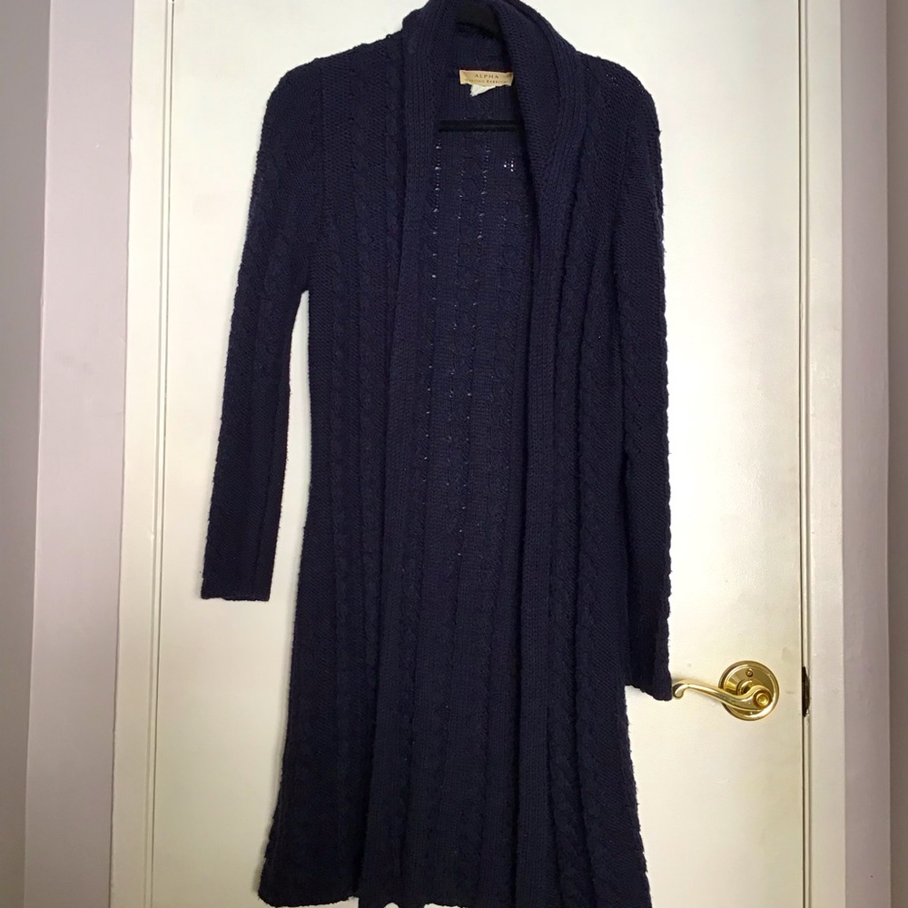 Navy cardigan woman’s, medium 40 inch length. Designer: Alpha Massimo Rebecchi